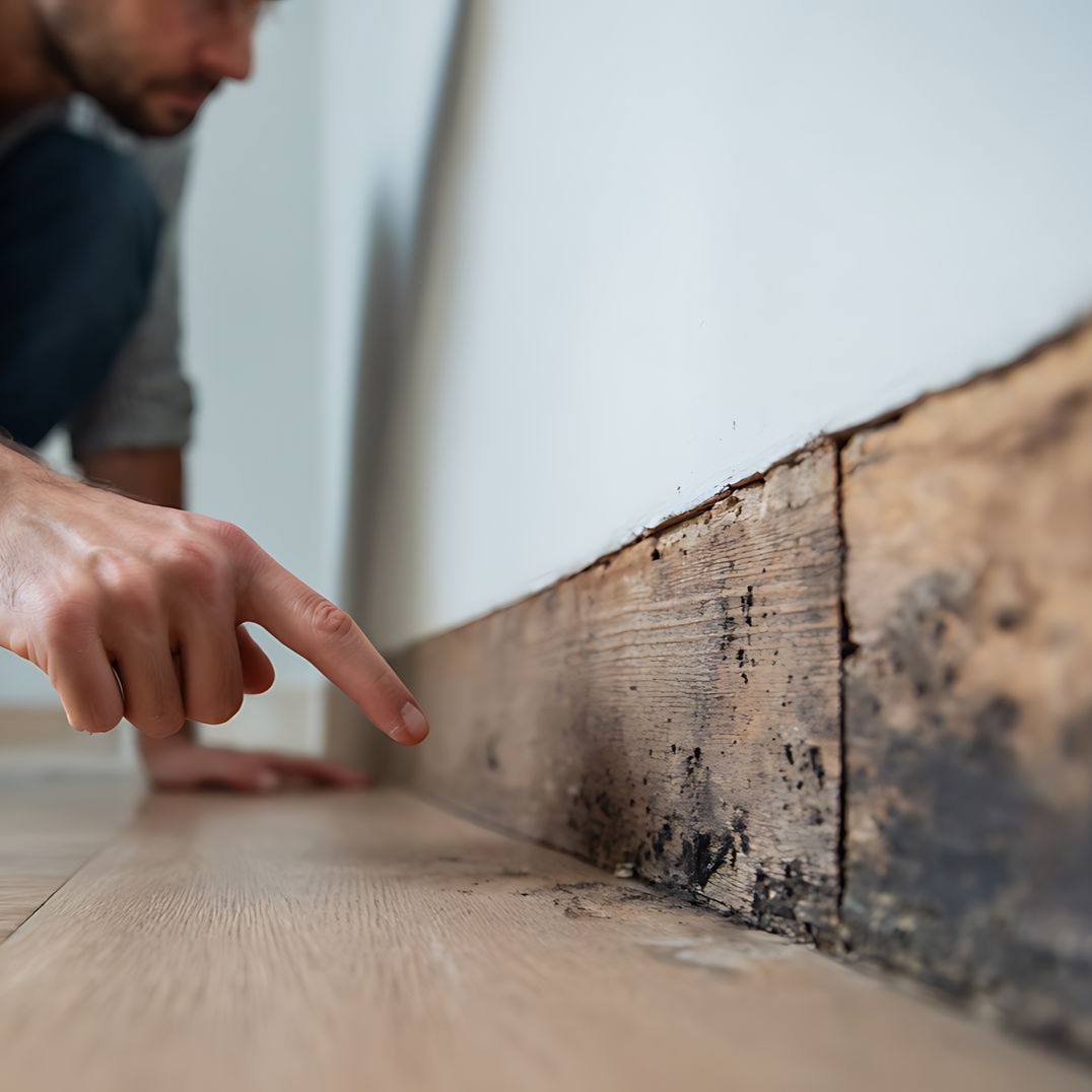 Un homme inspecte une plinthe endommagée et moisie. Scène intérieure, il montre du doigt.