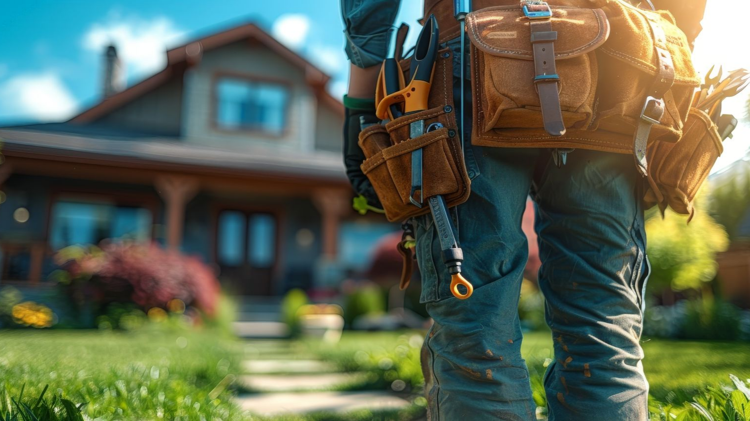 Ouvrier du bâtiment avec une ceinture à outils, debout devant une maison, par une journée ensoleillée.