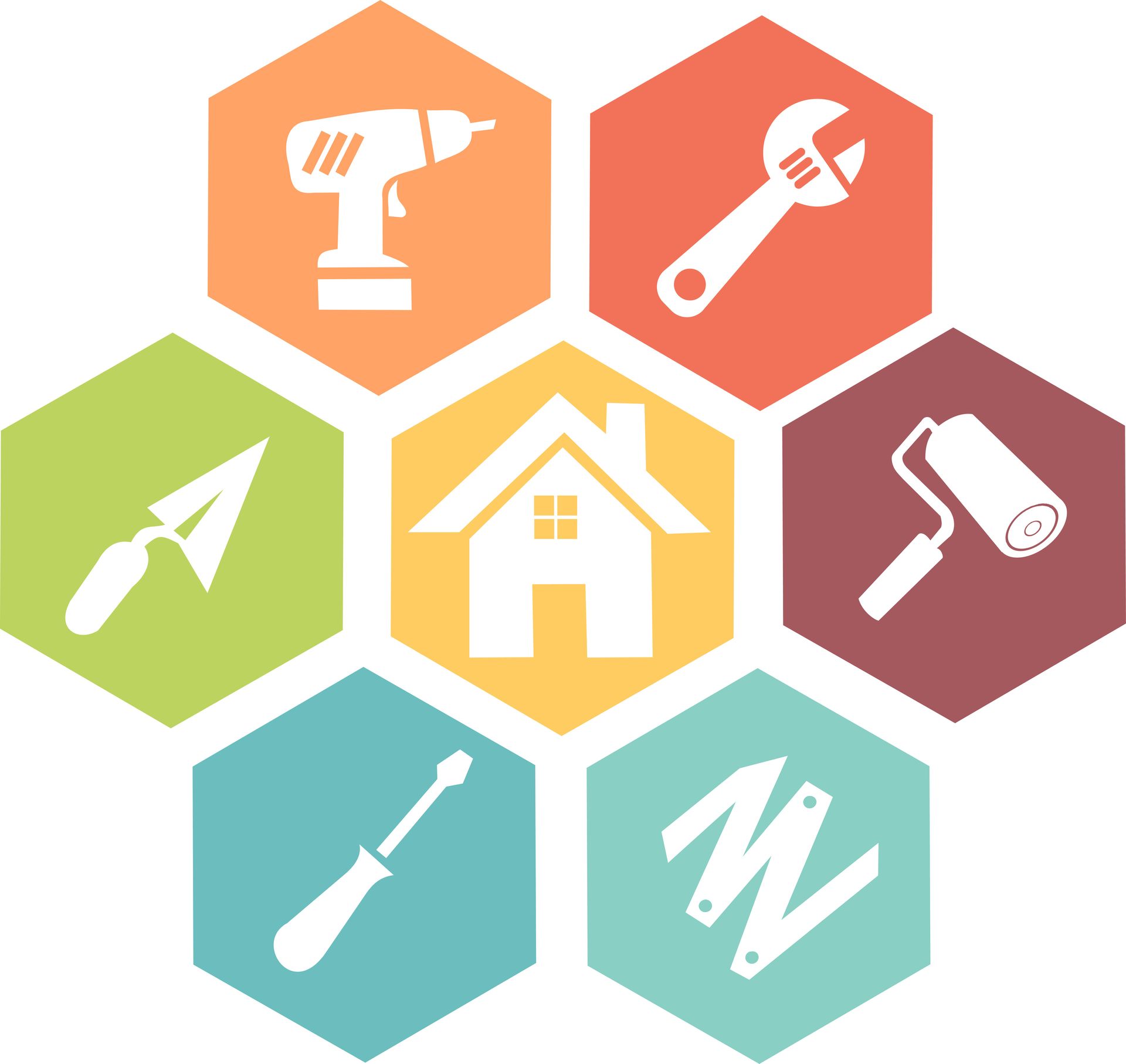 Des outils et de maison dans des hexagones colorés, représentant la réparation et la construction de la maison.