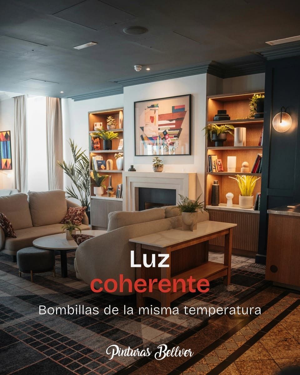 Acogedora sala de estar con iluminación cálida, sofás beige, chimenea, estantes y el texto: “Luz coherente”.