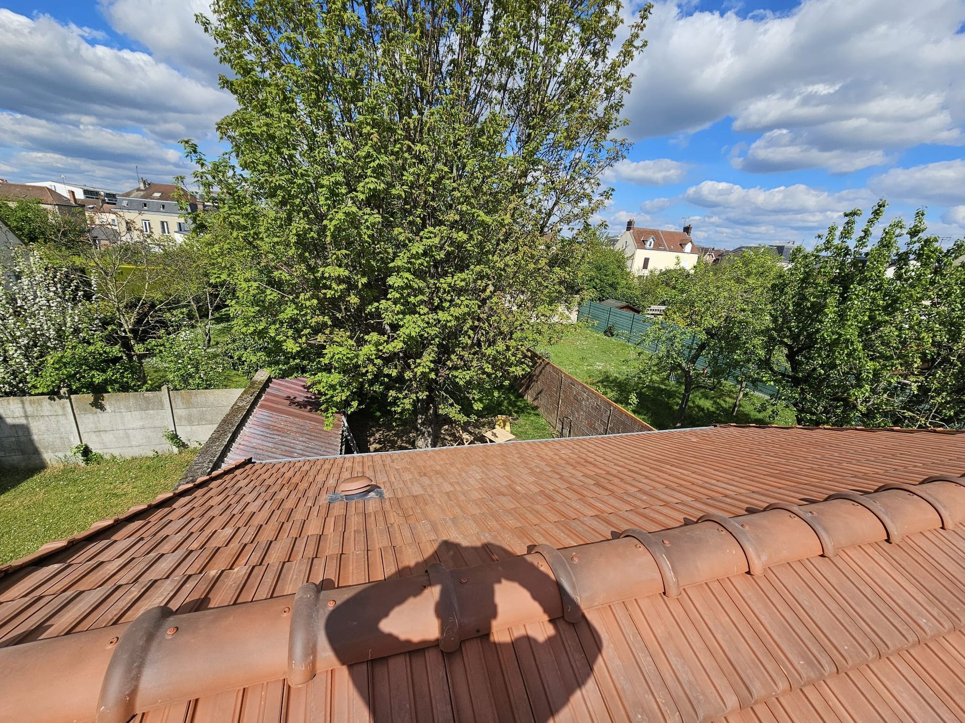 Toiture en tuile avec un arbre en arrière plan