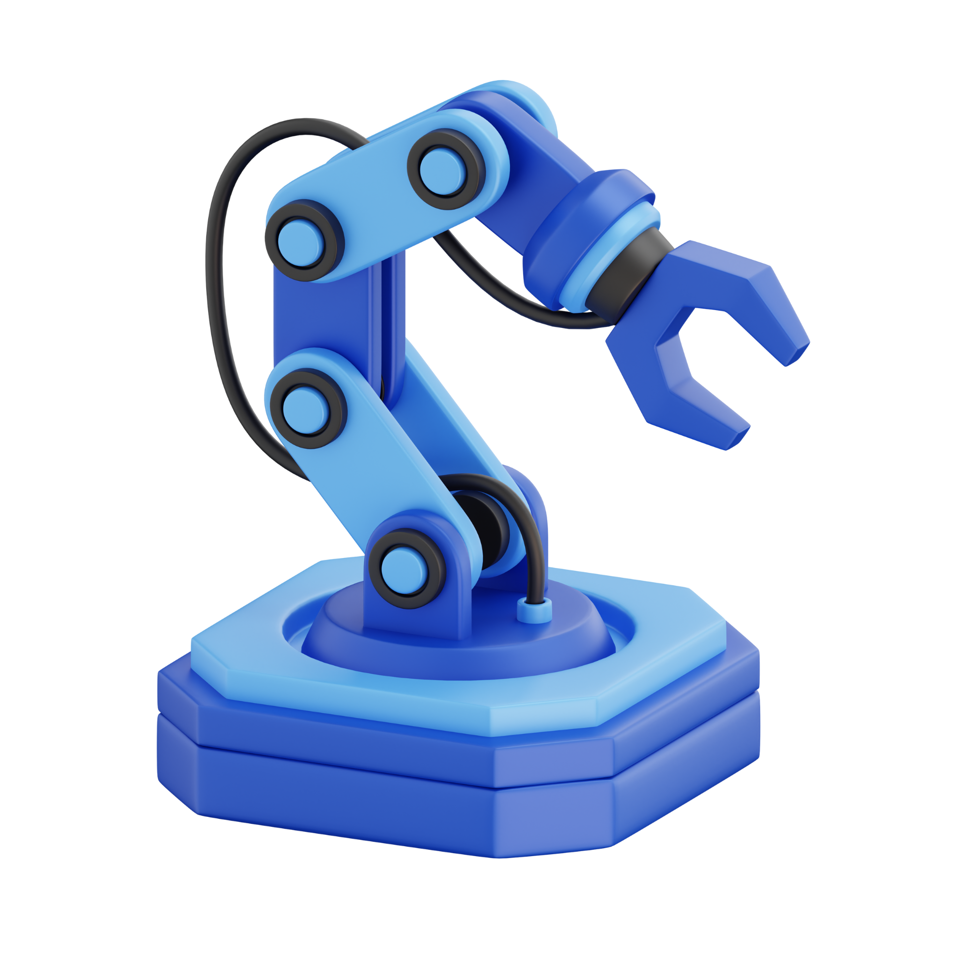 Un brazo robótico azul está sentado sobre una base azul.
