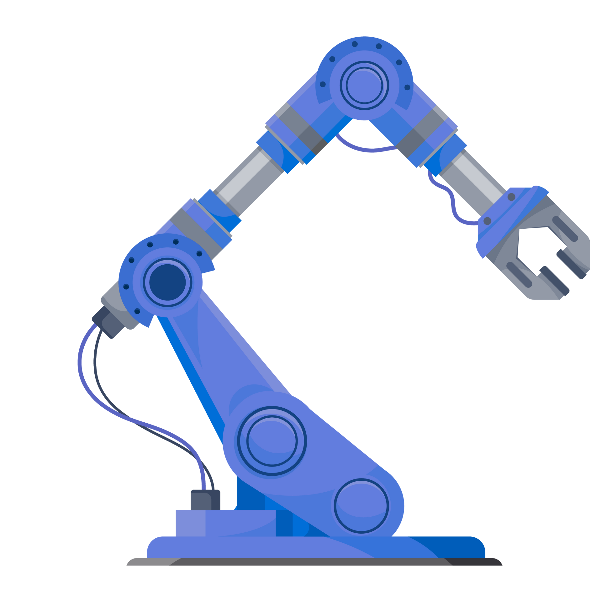 Un brazo robótico azul con una abrazadera adjunta.