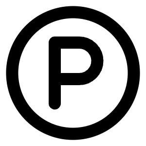 Black parking symbol, a capital "P" inside a circle.