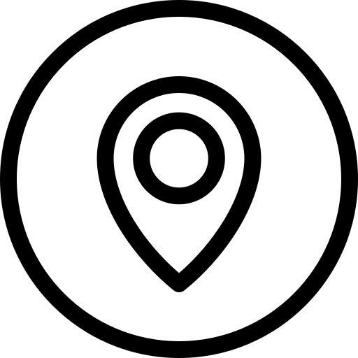 Black location pin icon inside a black circle.