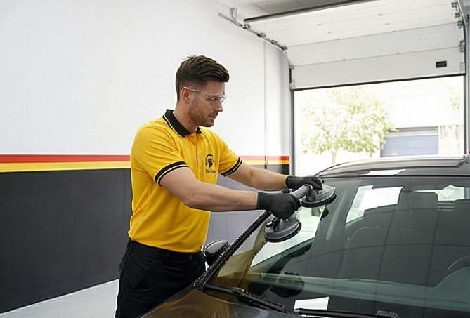 Hombre con camisa amarilla usa ventosas para quitar el parabrisas de un coche en un garaje.