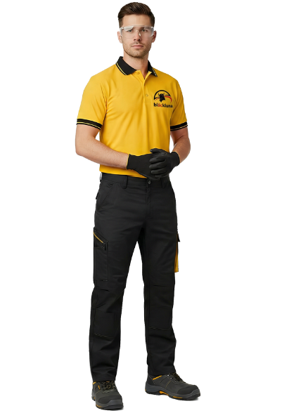 Hombre con uniforme de trabajo amarillo y negro, gafas de seguridad y guantes.