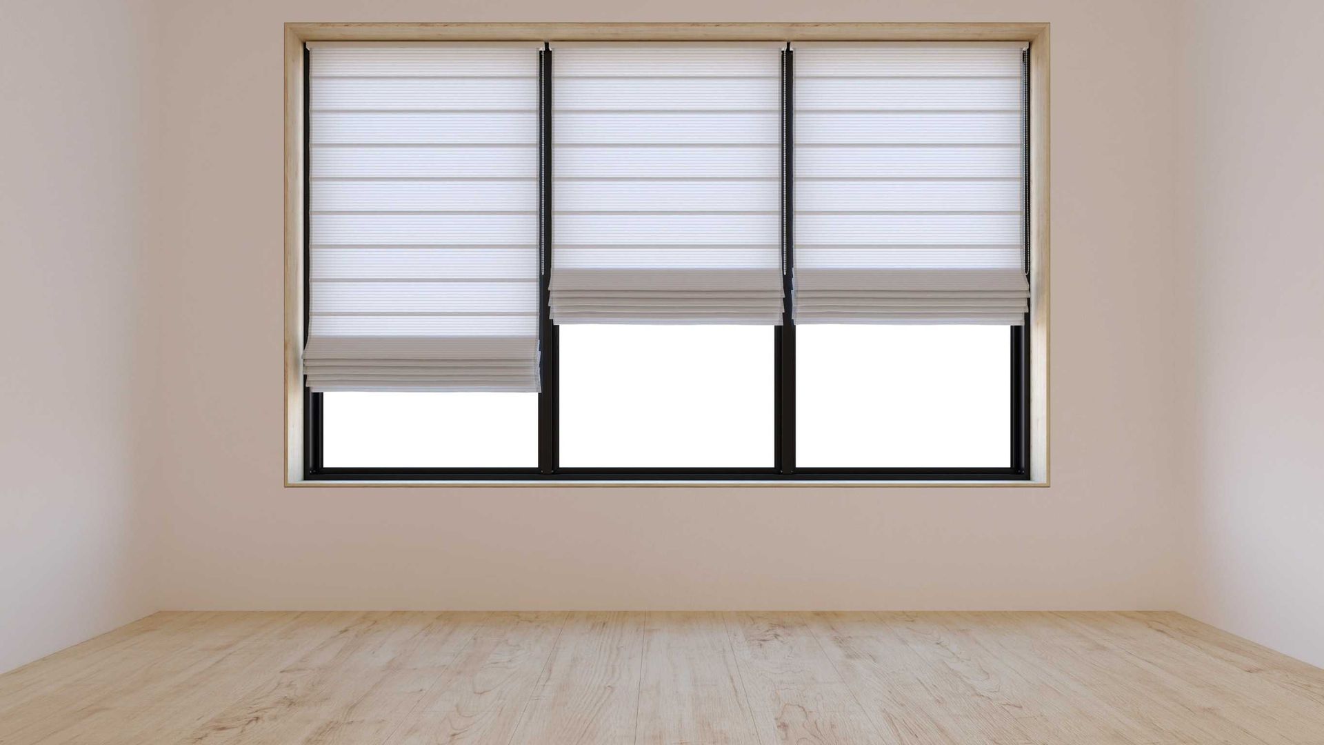 Una habitación vacía con una ventana grande y persianas.