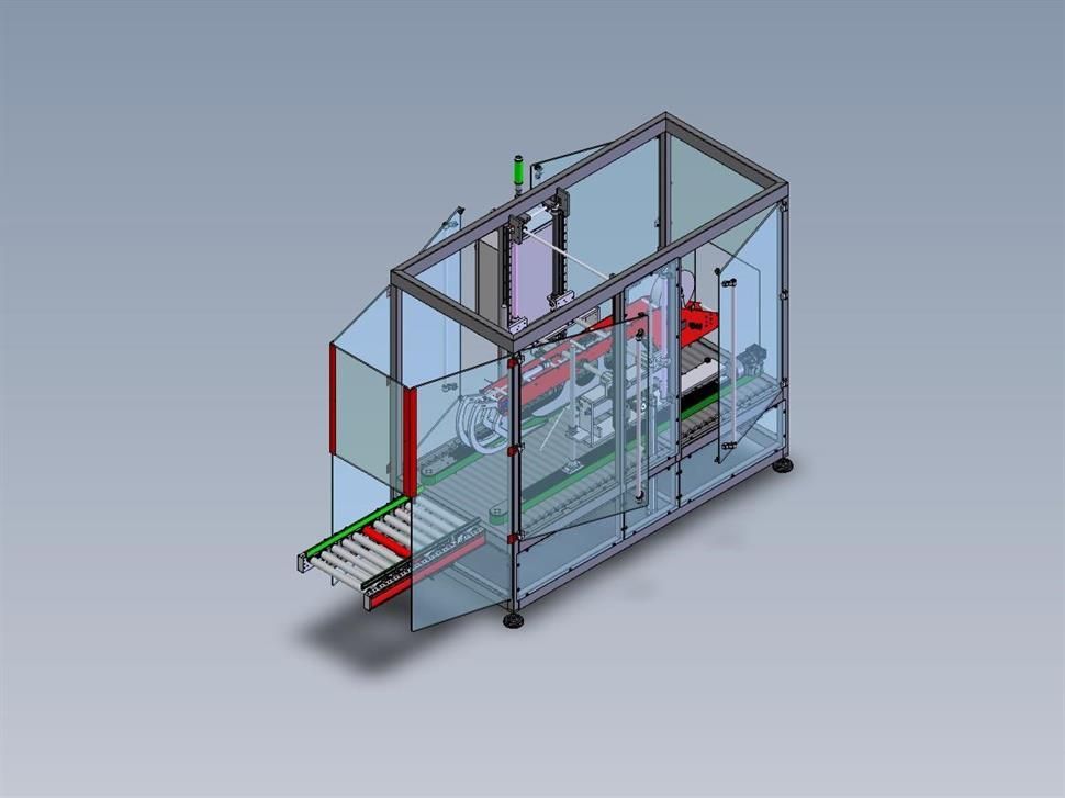 Un modello 3D di una macchina con un nastro trasportatore collegato.