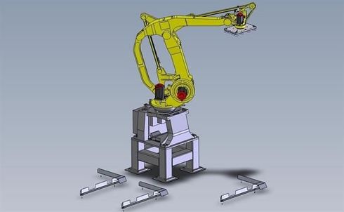 Un modello 3D di un braccio robotico a cui è collegato un carrello elevatore.