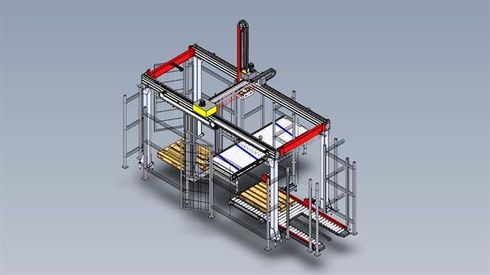 Un modello 3D di una macchina con pallet sopra.