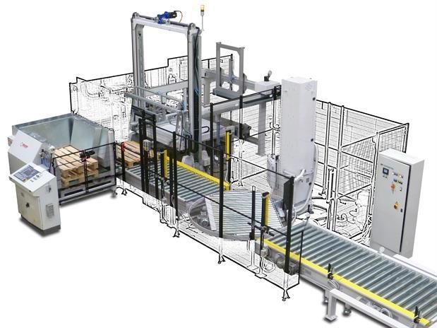 Una macchina sposta le scatole su un nastro trasportatore.