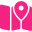 Un logotipo rosa con un pin blanco sobre un fondo blanco.