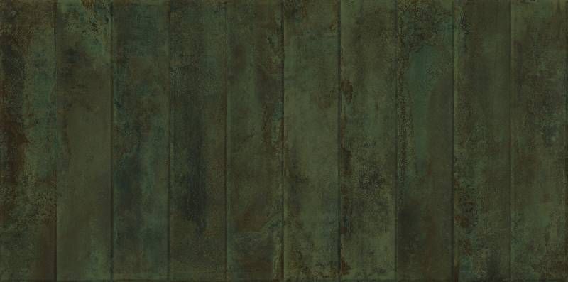 Planches de bois patinées vertes et brunes.