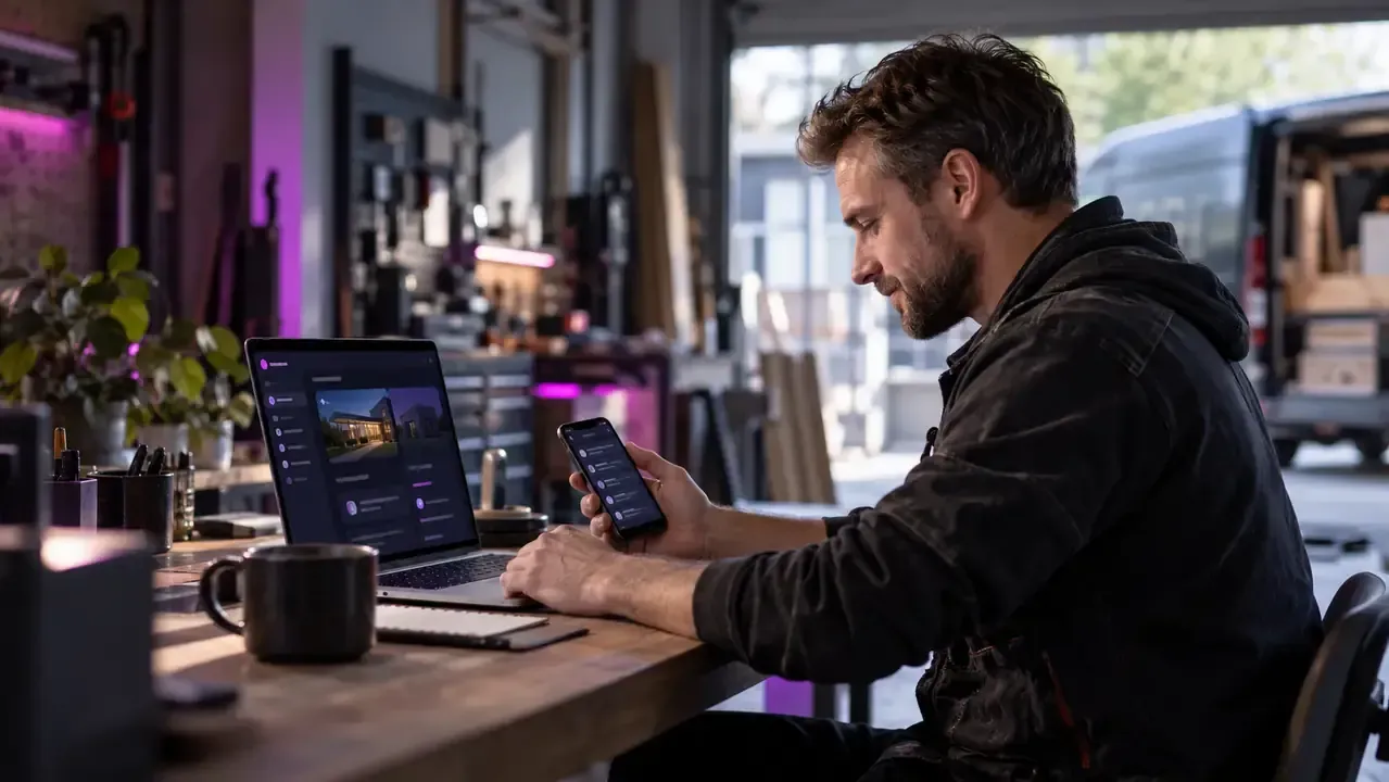 Handwerksunternehmer prüft digitale Kundenanfragen auf Laptop und Smartphone