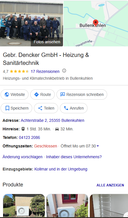Google-Unternehmensprofil der Gebrüder Dencker GmbH mit Bewertungen, Kontaktdaten, Öffnungszeiten, Route, Website und Anrufoption