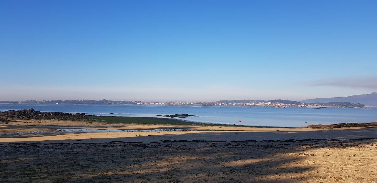 Hay una gran masa de agua al fondo y una playa en primer plano.