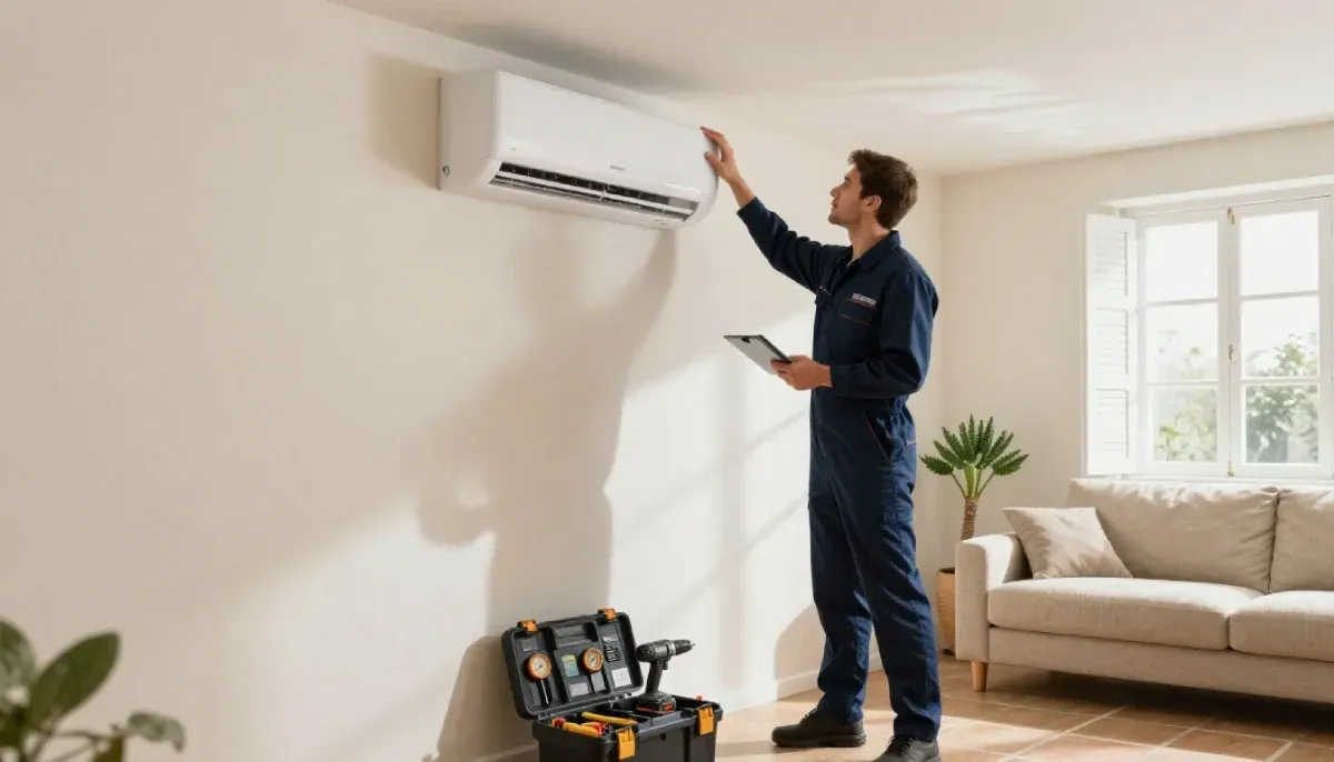 Un técnico con uniforme de trabajo azul marino inspecciona un aire acondicionado montado en la pared con una tableta