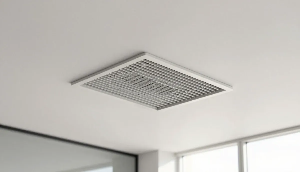 Una rejilla de ventilación rectangular de color blanco está instalada a ras de un techo blanco liso.