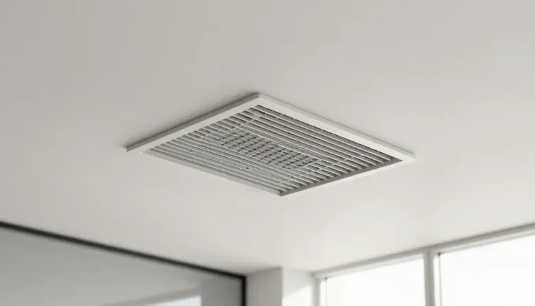Una rejilla de ventilación rectangular de color blanco está instalada a ras de un techo blanco liso.