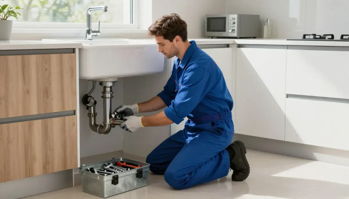Un fontanero con uniforme azul se arrodilla para reparar las tuberías debajo del fregadero