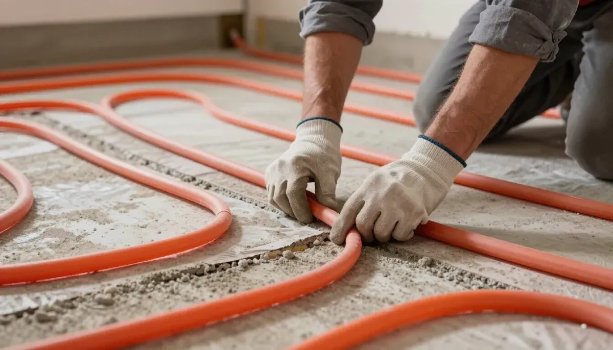 Un trabajador con guantes de trabajo instala tuberías naranjas para un sistema de calefacción por suelo