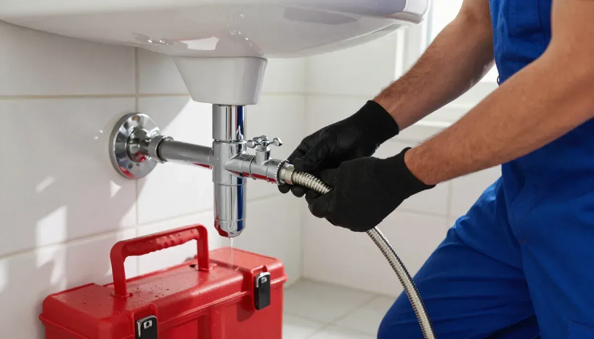 Un fontanero con ropa de trabajo azul y guantes negros conecta una manguera metálica flexible a un grifo cromado.