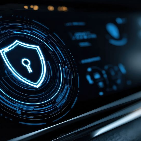 Icône numérique bleue en forme de bouclier avec un trou de serrure, sur un écran affichant des données.