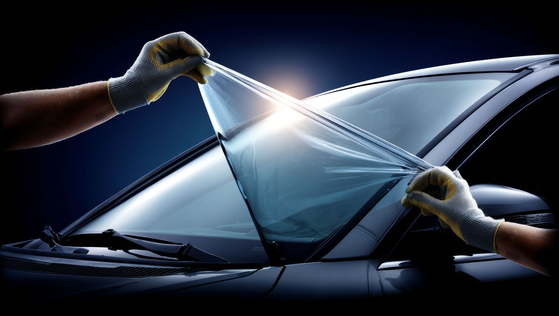 Des mains décollent un film teinté du pare-brise d'une voiture.