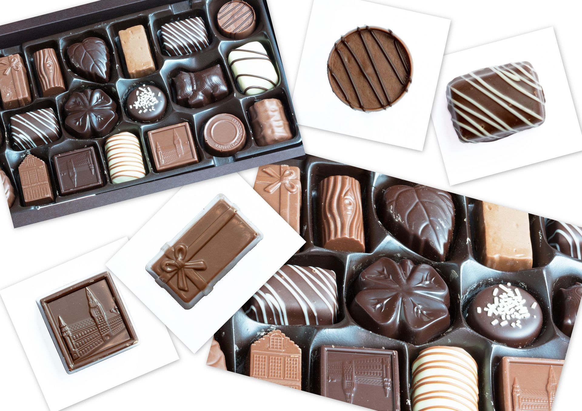 Chocolats assortis dans des coffrets cadeaux, comprenant des truffes et des bonbons rayés.