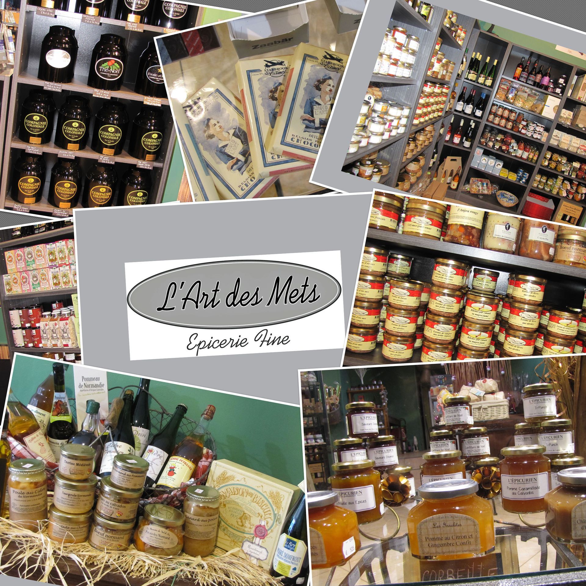 Assortiment de bocaux, bouteilles et emballages gourmands dans un collage pour l'épicerie fine L'Atelier des Mets.