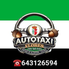 Logo for Autotaxi Flores in Santiago de Alcántara, Cáceres, with a steering wheel, acorns, and a phone number against the Extremadura flag.
