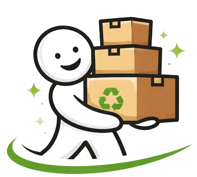 Un personnage souriant tenant une pile de cartons.