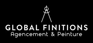Le logo de global finitions agencement & peinture est blanc sur fond noir.