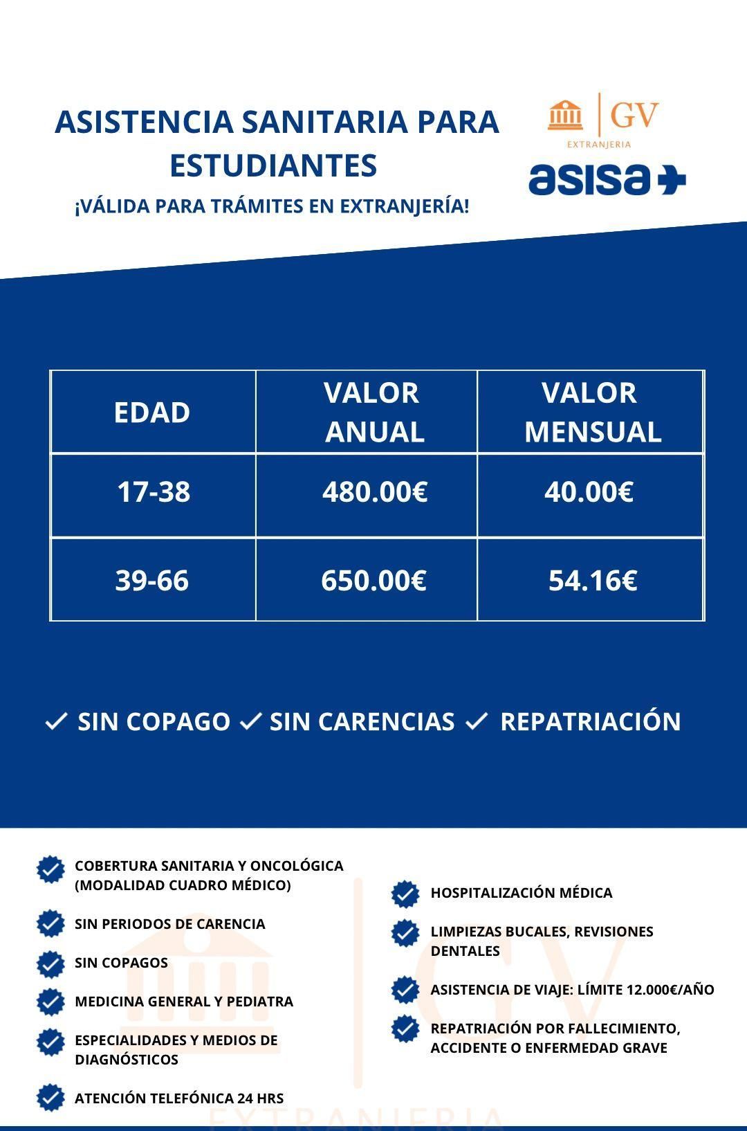Anuncio de seguro médico español para estudiantes, con diseño en azul y blanco, tabla de precios y logotipo de ASISA.