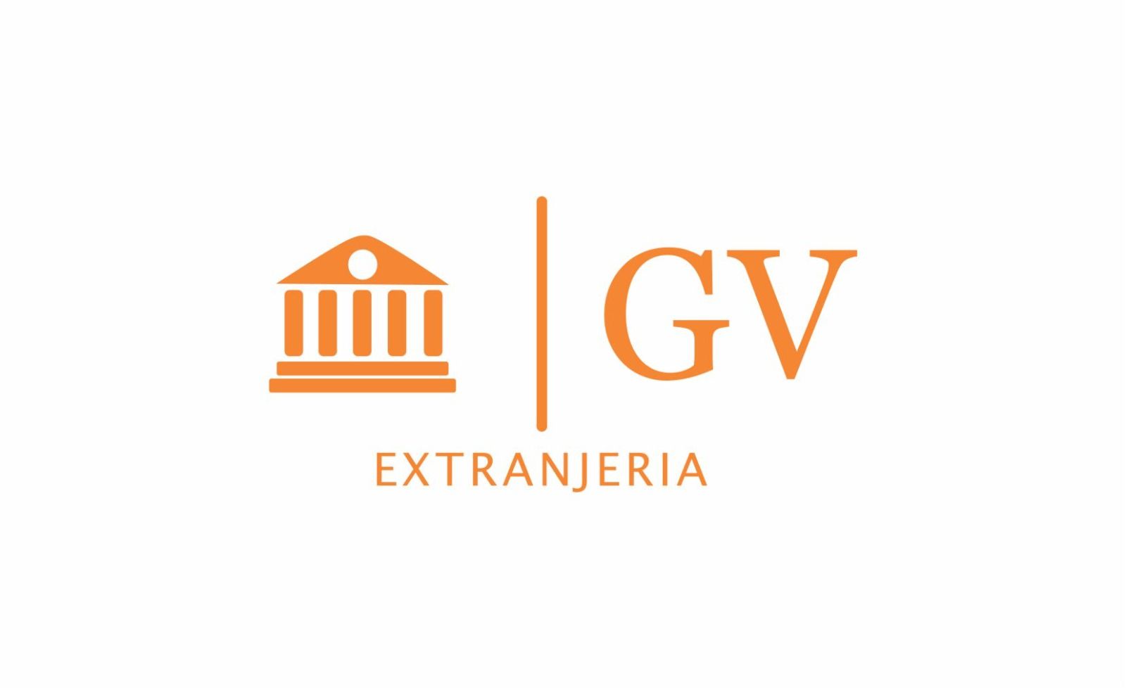 Logotipo naranja de GV Extranjería con el icono de un juzgado sobre fondo blanco.