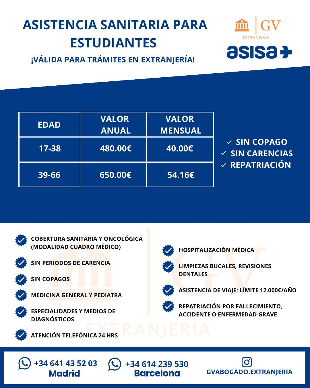 Anuncio de seguro médico español para estudiantes, con diseño en azul y blanco, tabla de precios y logotipo de ASISA.