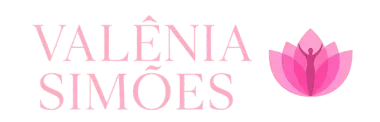 Logotipo con el texto "VALÊNIA SIMÕES" y una flor de loto rosa con la silueta de una persona en su interior.