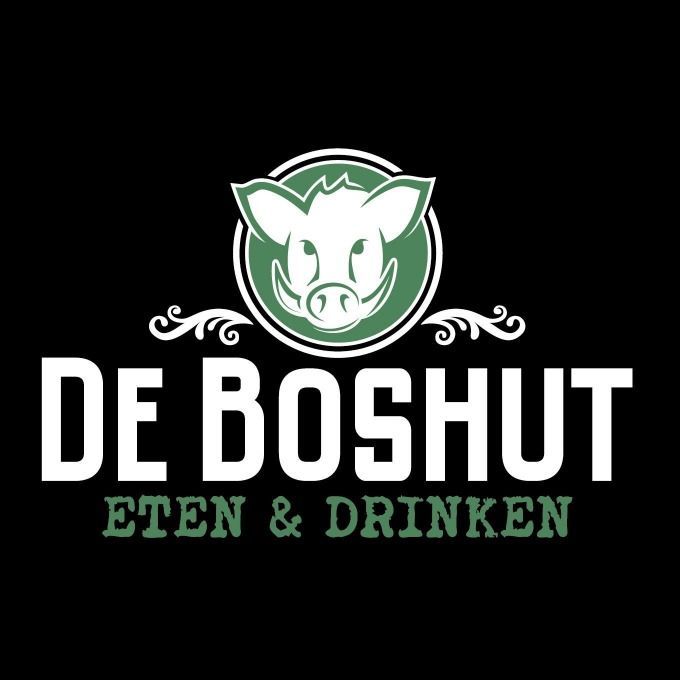 Een logo voor de boshut eten & drinken met een everzwijn op een zwarte achtergrond.