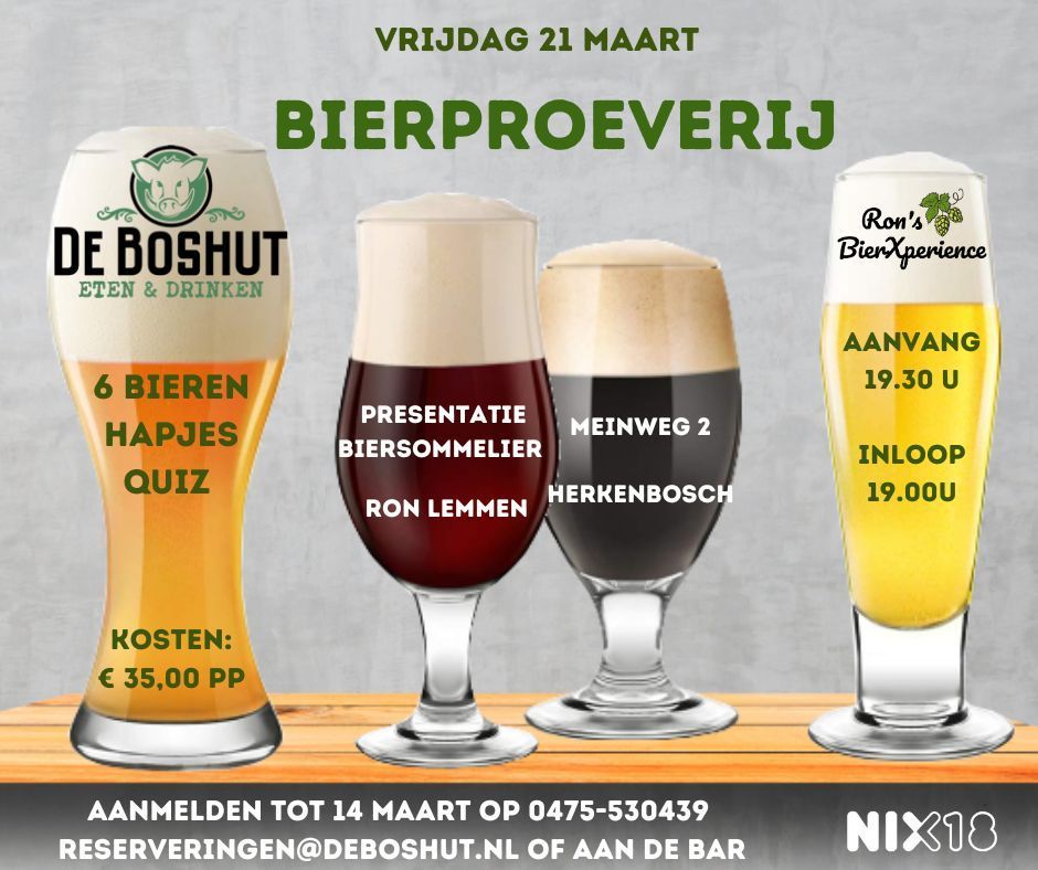 Een poster voor een bierproeverij met drie glazen bier