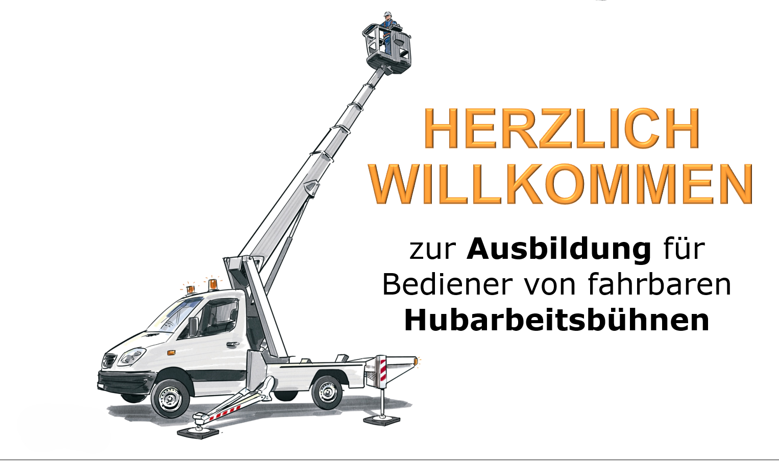 Zwei Arbeiter in orangefarbener Schutzkleidung stehen in einer Hubarbeitsbühne zwischen Bäumen.