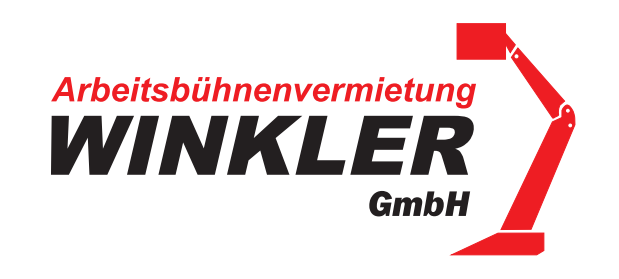 Logo for Winkler GmbH with red excavator arm and German text “Arbeitsbühnenvermietung”