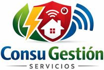 Logotipo de ConsuGesti&oacute;n Servicios con una casa roja, una hoja verde, un rayo amarillo y una se&ntilde;al Wi‑Fi azul.