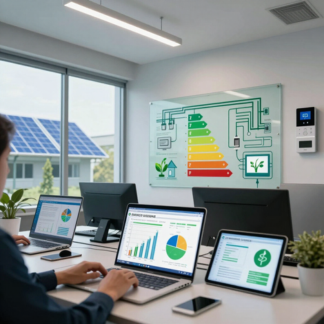 Sala de reuniones de oficina con portátiles que muestran gráficos de energía y una pantalla mural sobre la eficiencia de la energía solar residencial.
