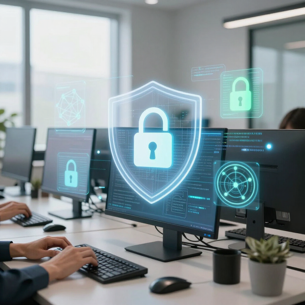 Escritorios de oficina con monitores que muestran iconos de candados de ciberseguridad en un espacio de trabajo moderno