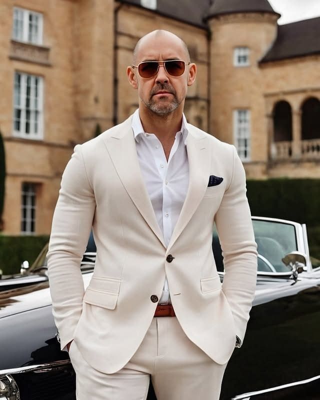 Un hombre con traje blanco y gafas de sol está de pie junto a un coche negro.