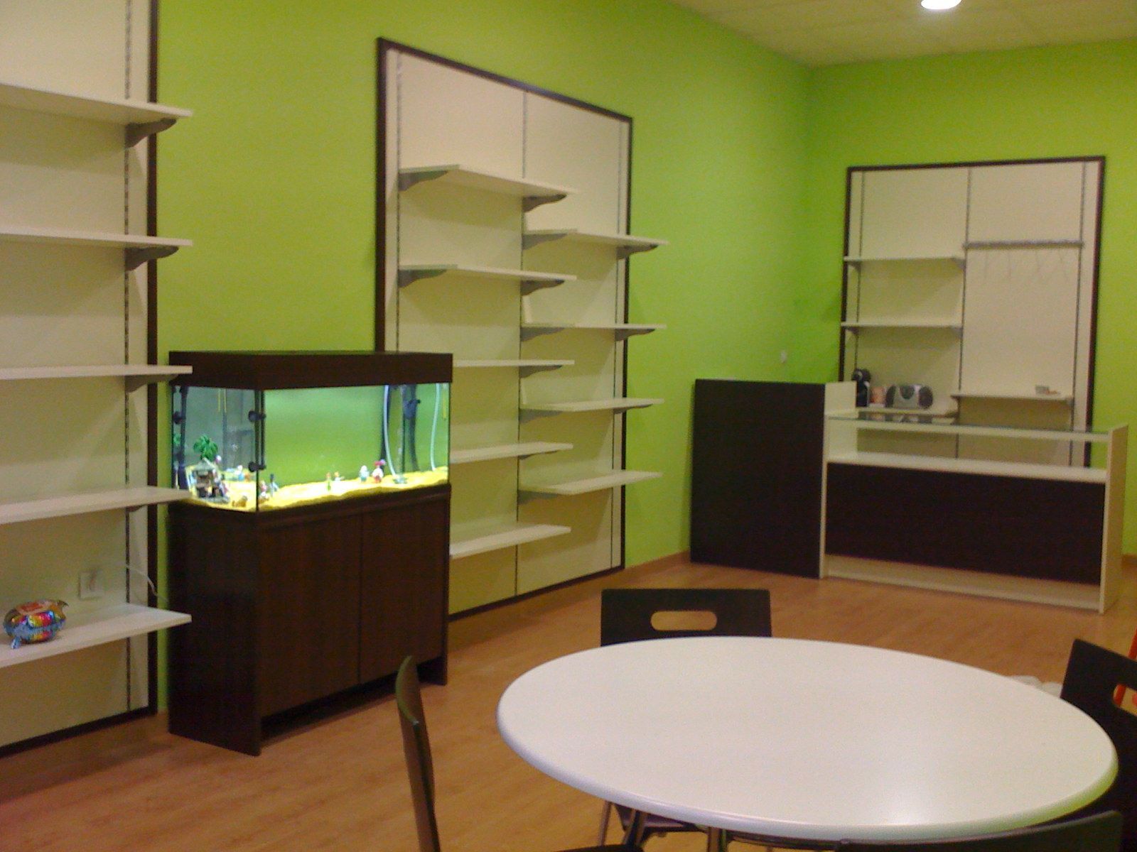 Habitación verde vacía con estantes, una pecera y una mesa redonda bajo luces brillantes del techo.