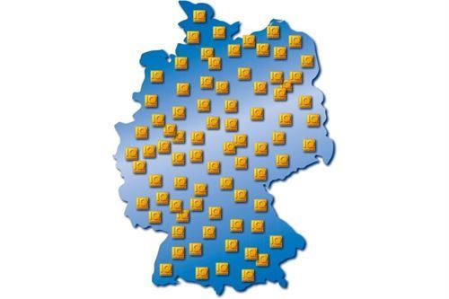 Kooperationen Qualität Fachhändler Vorteile für Kunden Sortiment Dienstleistungen Telering Lindlar Engelskirchen Gummersbach Wipperfürth Overath Kürten Eine Karte von Deutschland mit vielen gelben Quadraten darauf