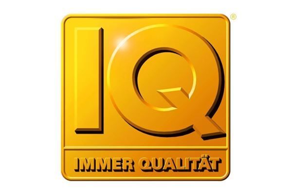 Ein goldenes IQ-Logo auf weißem Hintergrund