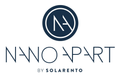 Logo Nano Apart by Solarento z granatowym okrągłym monogramem i minimalistycznym tekstem na białym tle